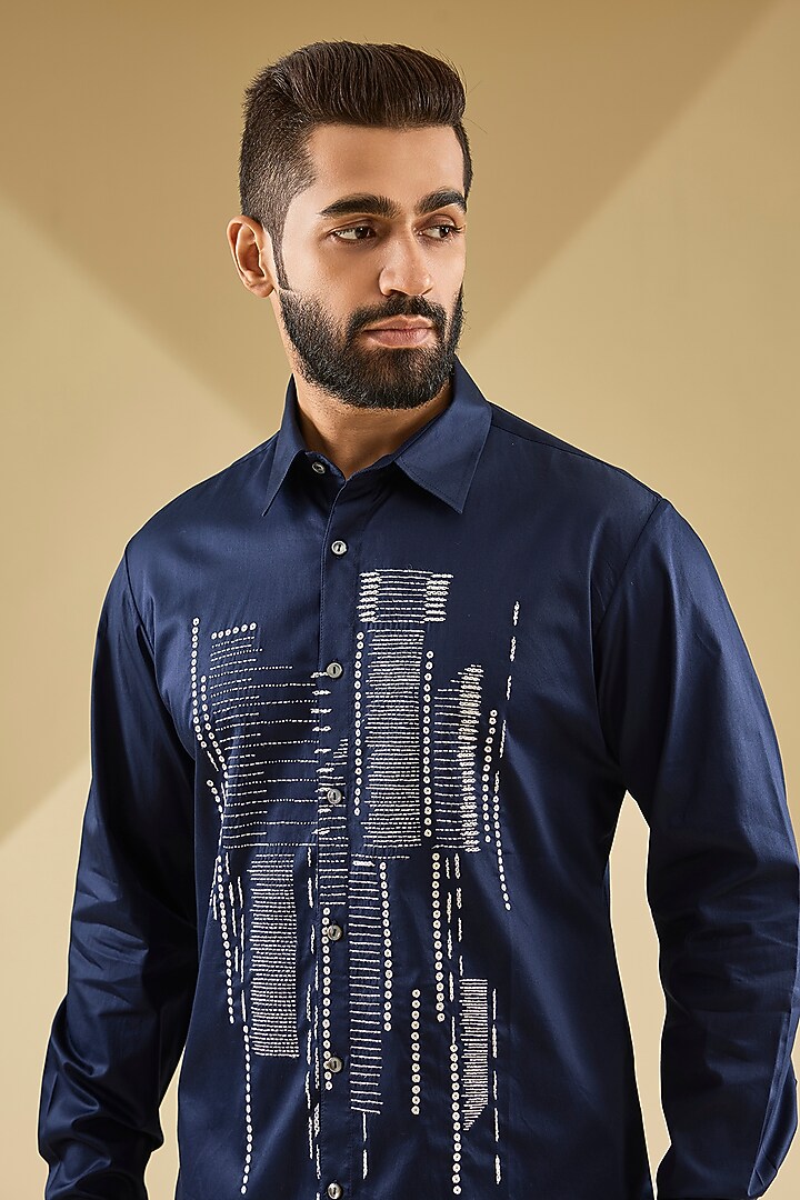 Navy cotton Satin Hand Embroidered Wedding Shirt by Countrymade at Pernia's Pop Up Shop