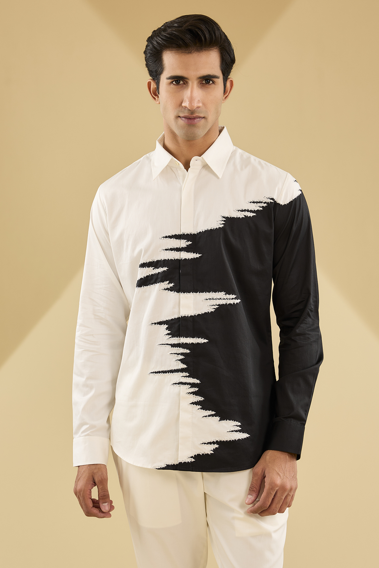 Black & Ivory Cotton Blend Embroidered Shirt by Countrymade