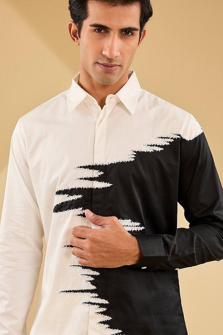 Black & Ivory Cotton Blend Embroidered Party Wear Shirt by Countrymade at Pernia's Pop Up Shop