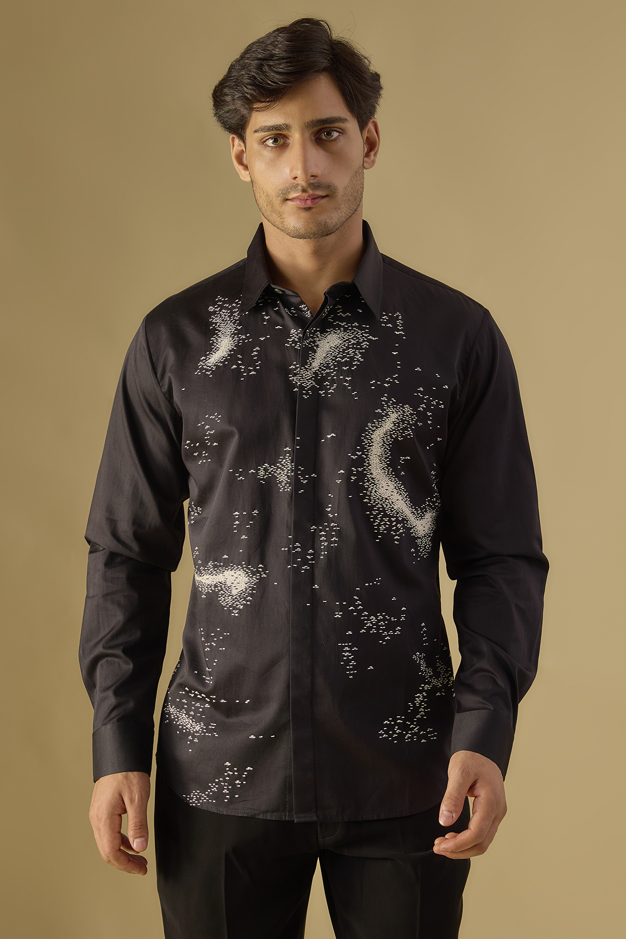 Black Cotton Satin Hand Embroidered Shirt by Countrymade