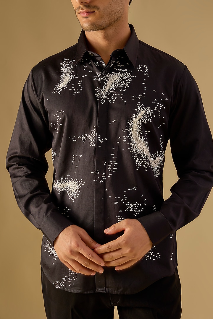 Black Cotton Satin Hand Embroidered Wedding Shirt by Countrymade at Pernia's Pop Up Shop