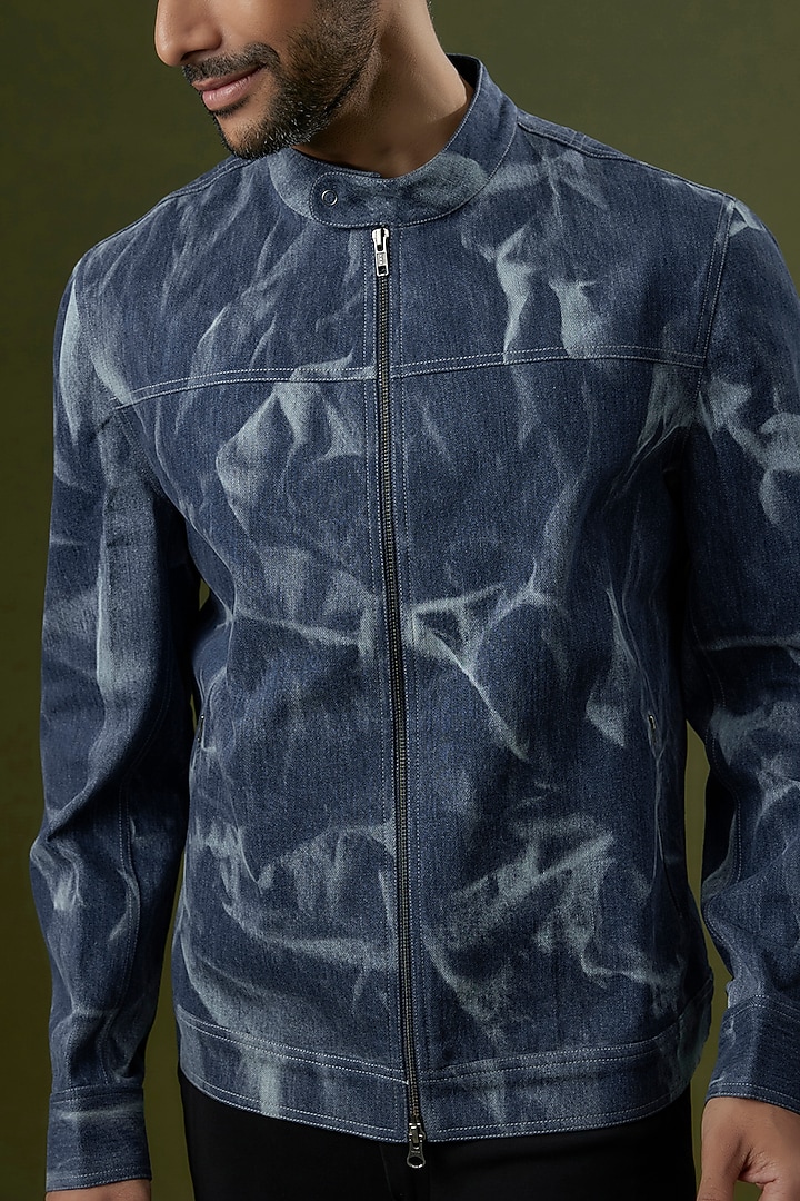 Navy Denim Digital Printed Bomber Jacket by Countrymade at Pernia's Pop Up Shop