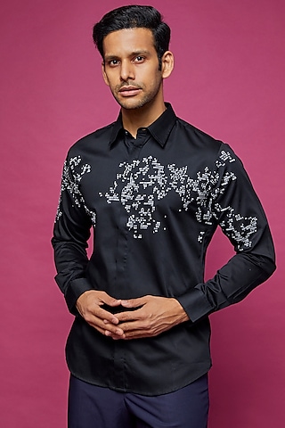 Black Cotton Satin Thread Embroidered Shirt by Countrymade