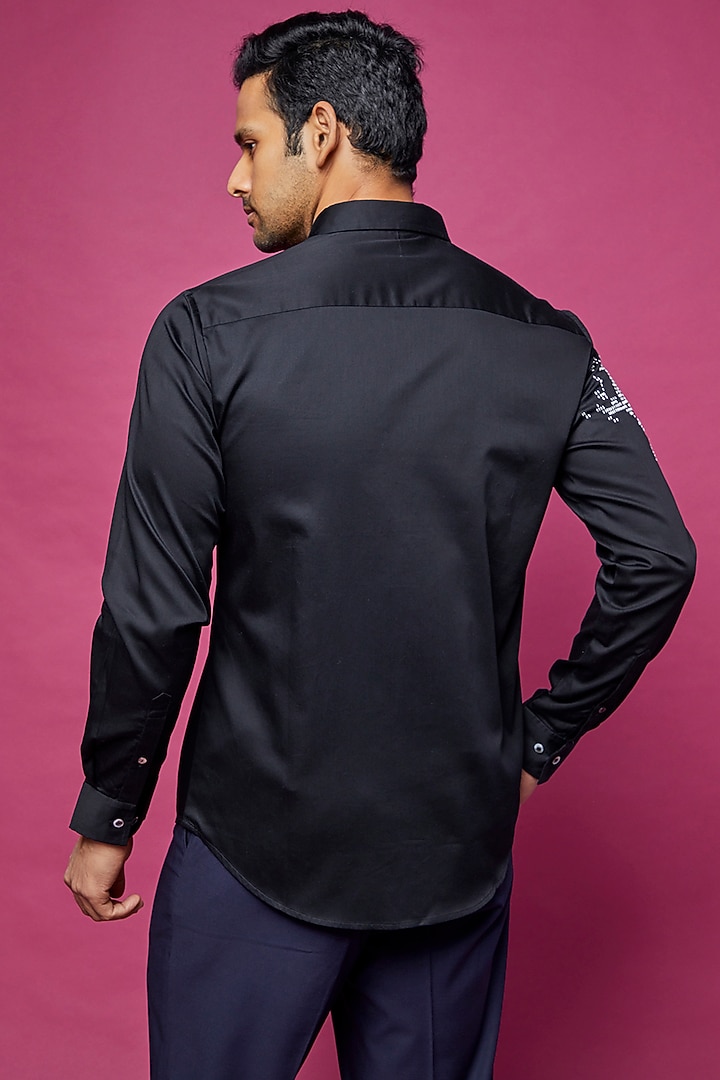 Black Cotton Satin Thread Embroidered Party Wear Shirt by Countrymade at Pernia's Pop Up Shop