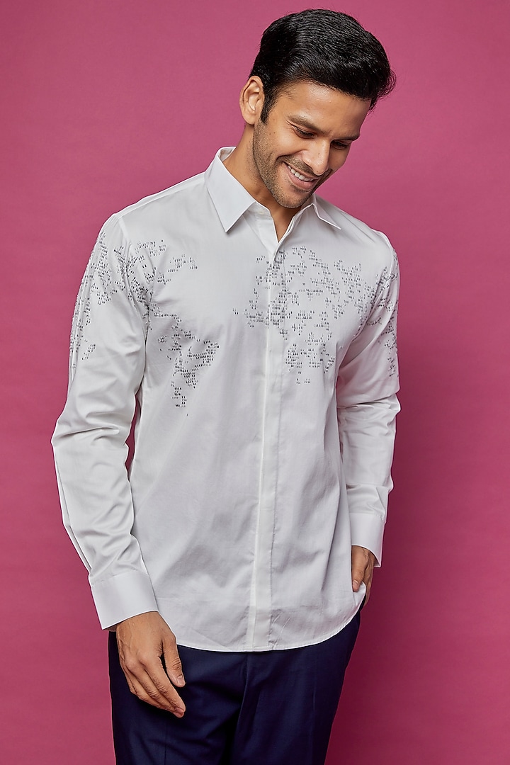 White Cotton Satin Embroidered Shirt by Countrymade