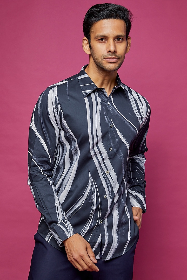 Navy Blue Cotton Silk Printed Shirt by Countrymade