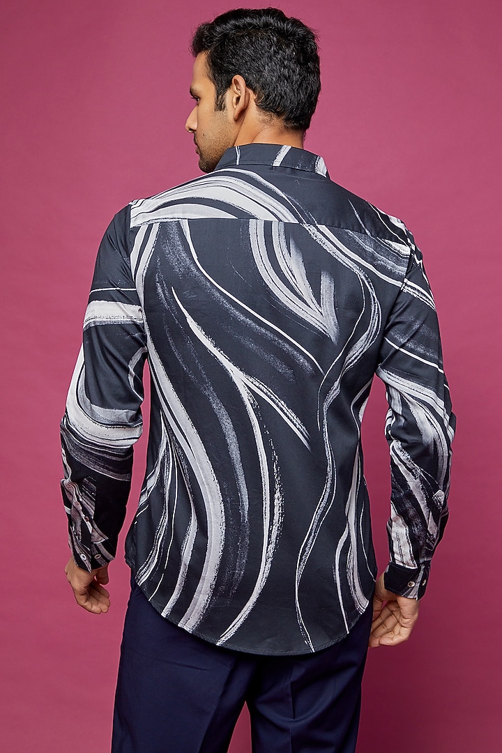 Navy Blue Cotton Silk Printed Party Wear Shirt by Countrymade at Pernia's Pop Up Shop