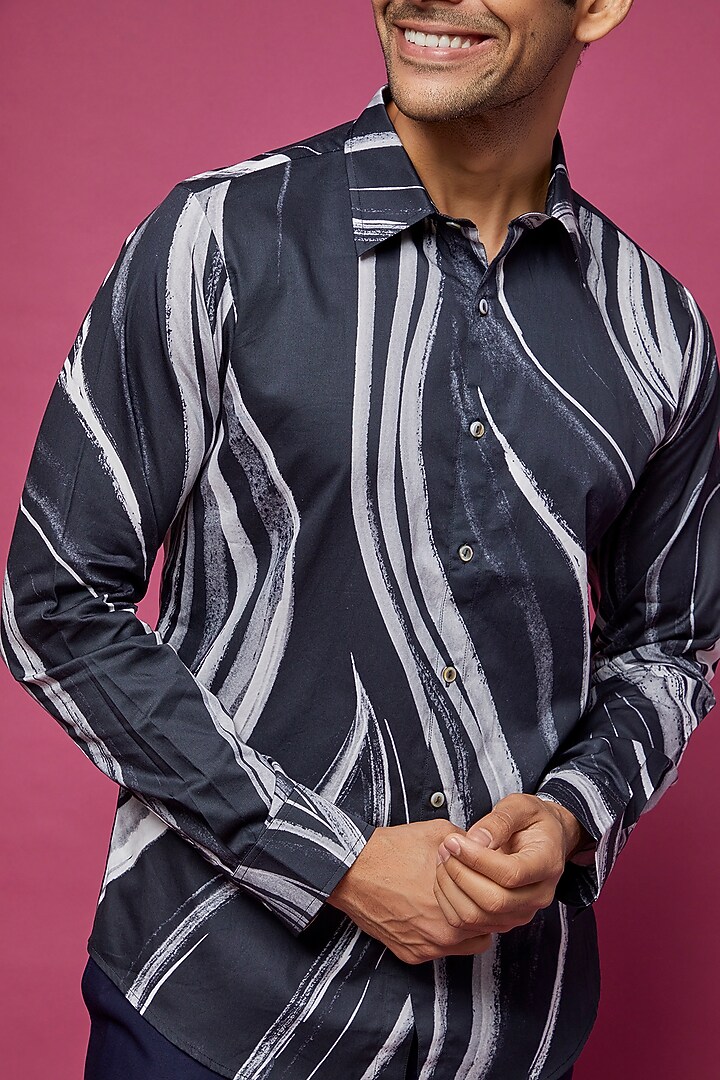 Navy Blue Cotton Silk Printed Party Wear Shirt by Countrymade at Pernia's Pop Up Shop