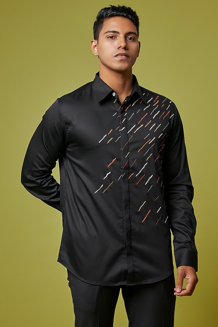 Black Cotton Satin Embroidered Shirt by Countrymade