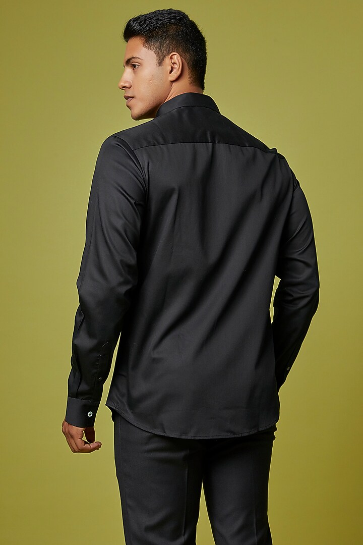 Black Cotton Satin Thread Embroidered Party Wear Shirt by Countrymade at Pernia's Pop Up Shop