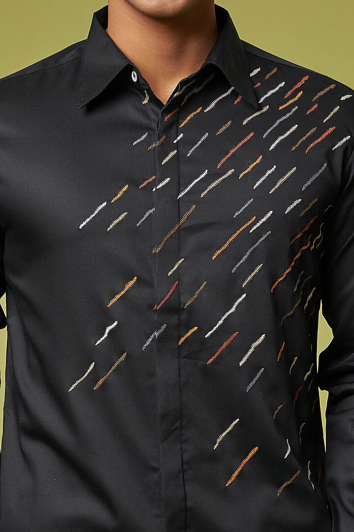 Black Cotton Satin Thread Embroidered Party Wear Shirt by Countrymade at Pernia's Pop Up Shop