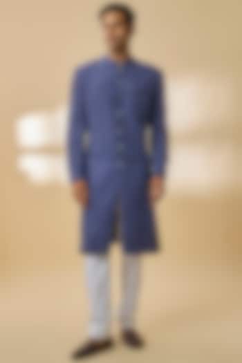 Blue Silk Wedding Sherwani Set by Countrymade at Pernia's Pop Up Shop