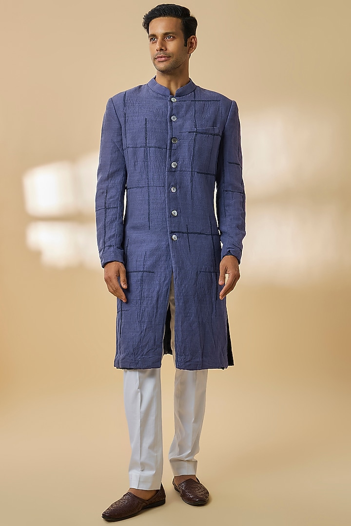 Blue Silk Wedding Sherwani Set by Countrymade at Pernia's Pop Up Shop