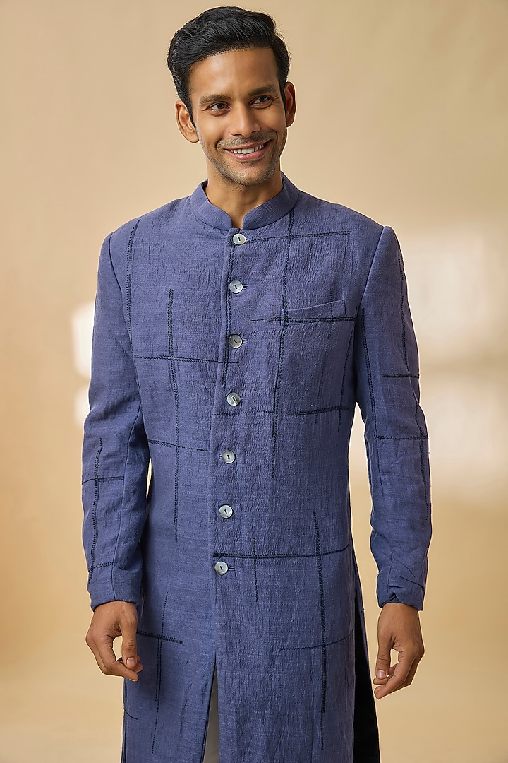 Blue Silk Wedding Sherwani Set by Countrymade at Pernia's Pop Up Shop