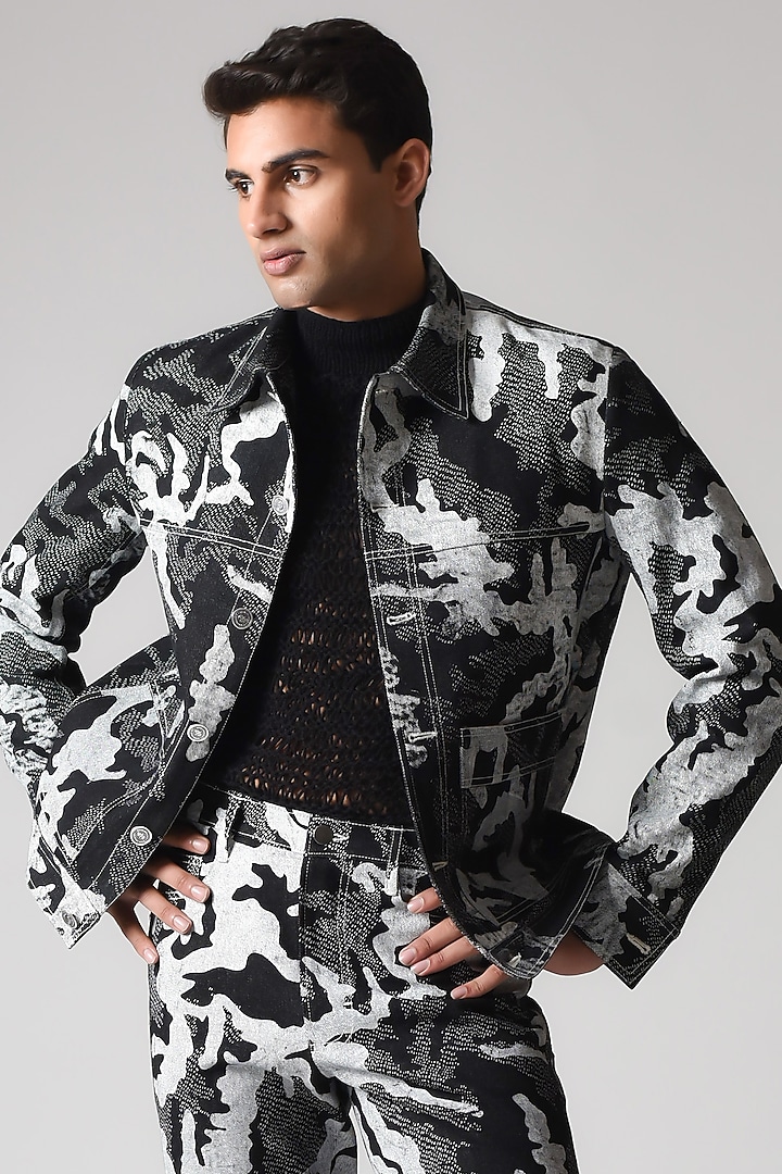 Black Raw Denim Screen Printed Jacket by Countrymade at Pernia's Pop Up Shop