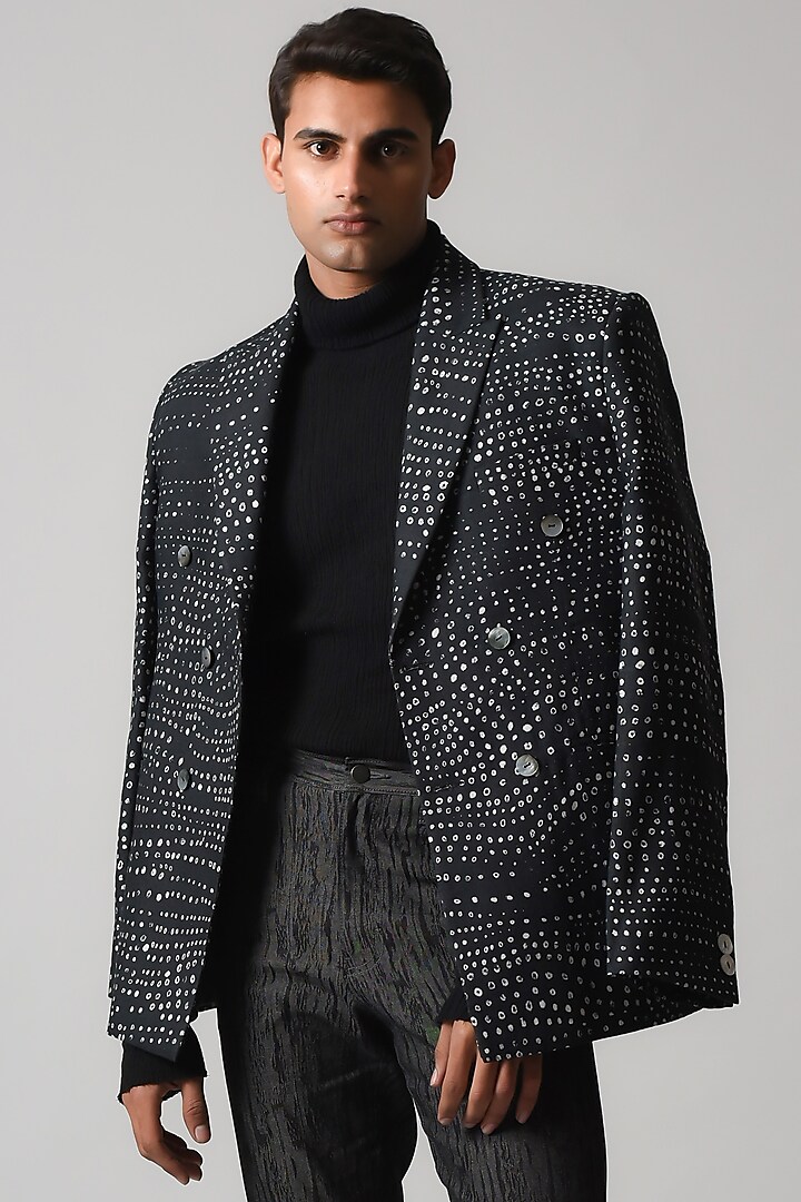 Black Linen Printed Blazer Jacket by Countrymade