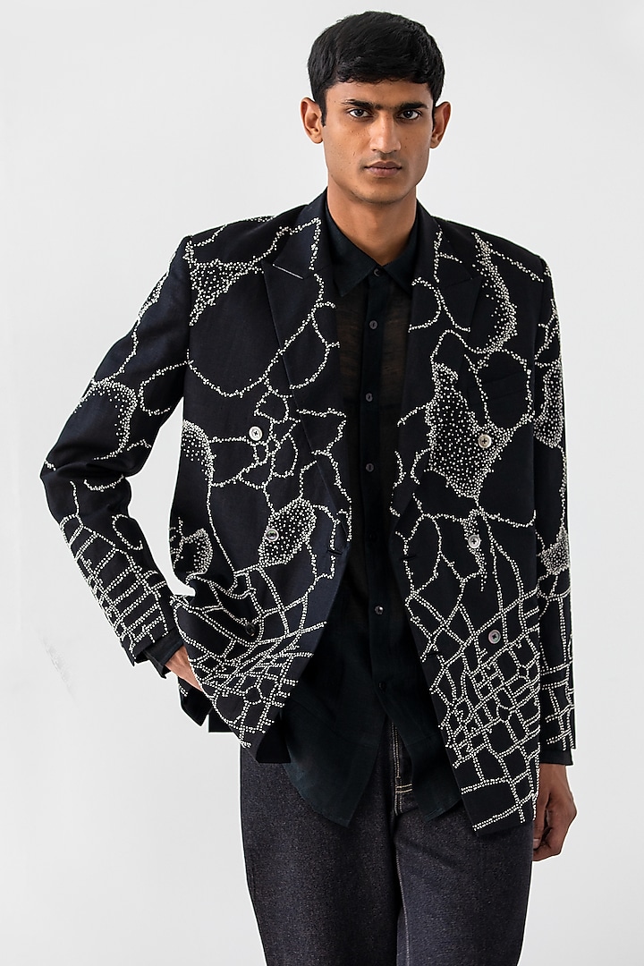 Black Linen Embroidered Double-Breasted Blazer Jacket by Countrymade