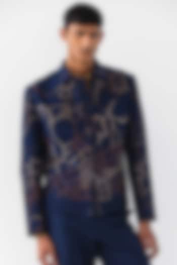 Navy Blue Linen Embroidered Short Jacket by Countrymade at Pernia's Pop Up Shop