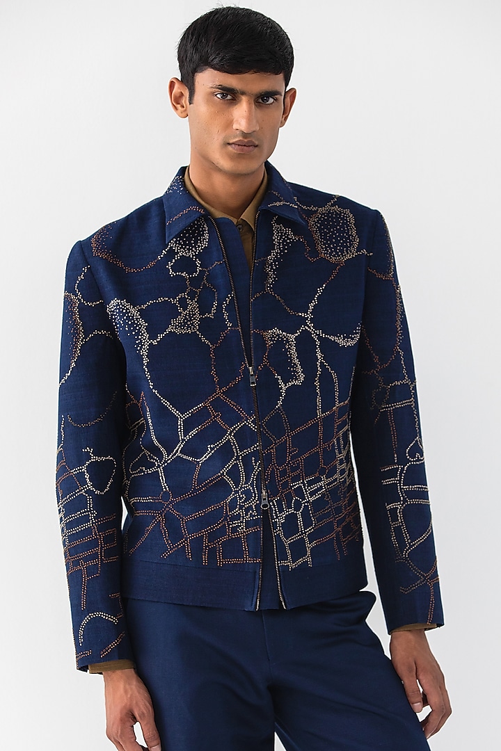 Navy Blue Linen Embroidered Short Jacket by Countrymade at Pernia's Pop Up Shop