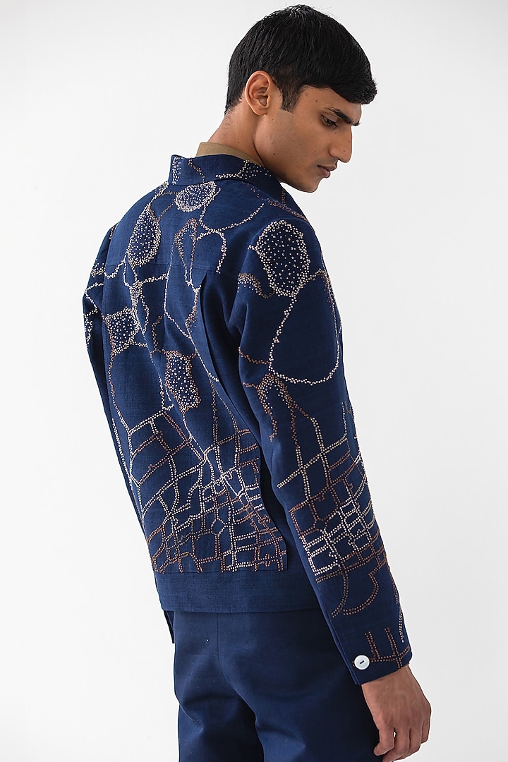 Navy Blue Linen Embroidered Short Jacket by Countrymade at Pernia's Pop Up Shop