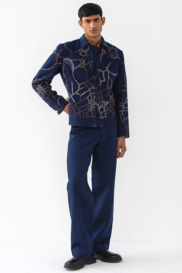 Navy Blue Linen Embroidered Short Jacket by Countrymade at Pernia's Pop Up Shop