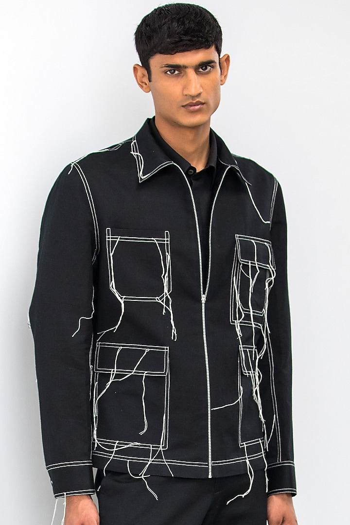 Black Linen Stitched Zipper Jacket by Countrymade