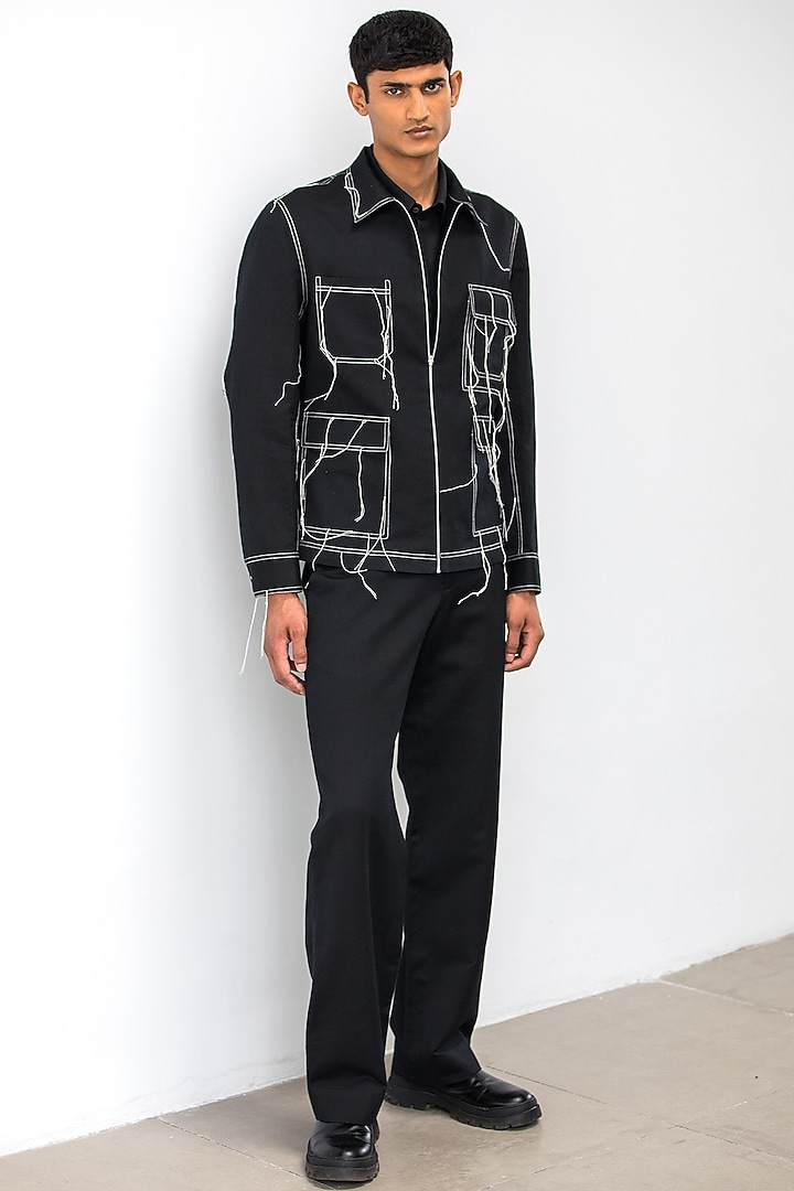 Black Linen Stitched Zipper Jacket by Countrymade at Pernia's Pop Up Shop
