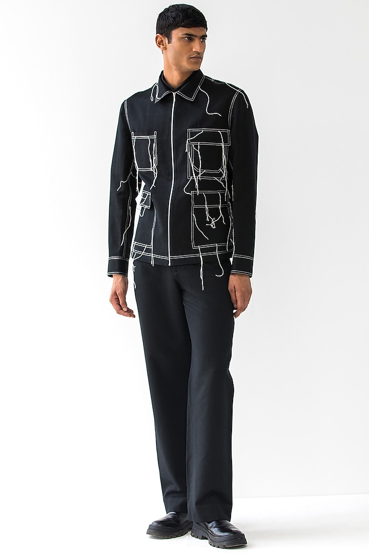 Black Linen Stitched Zipper Jacket by Countrymade at Pernia's Pop Up Shop