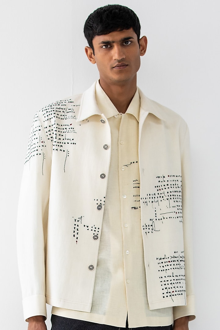 Cream Handloom Denim Embroidered Jacket by Countrymade