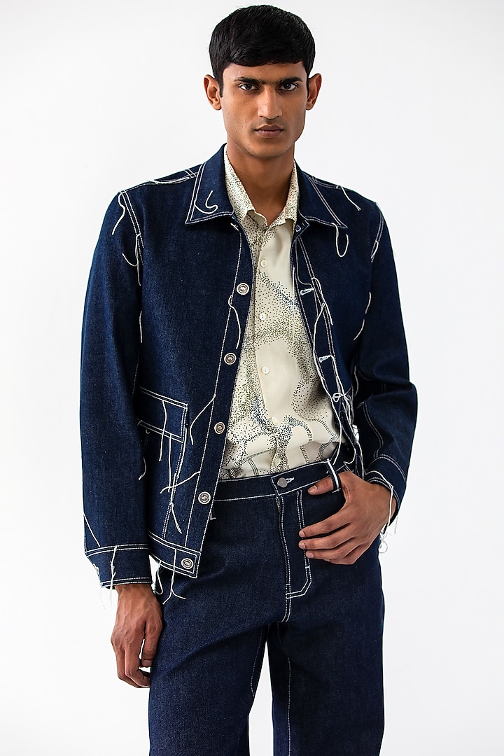 Navy Blue Denim Embroidered Jacket by Countrymade