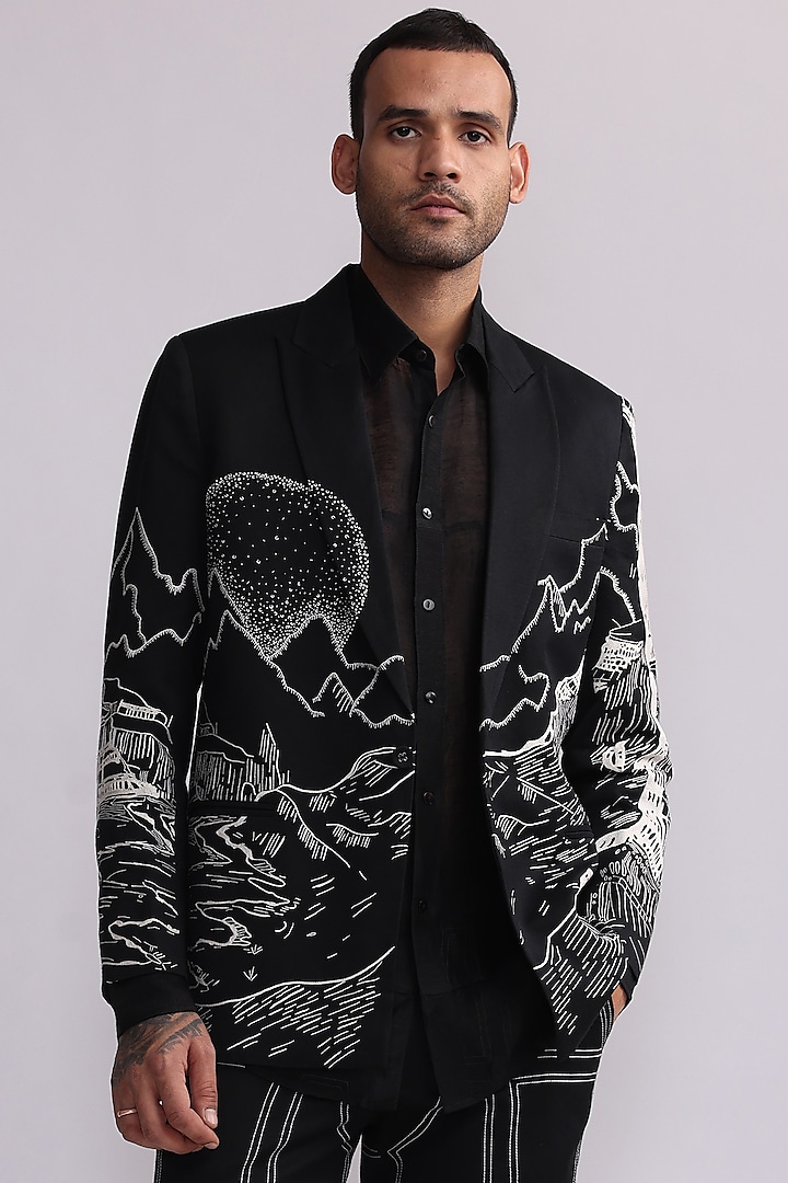 Black Linen Embroidered Double-Breasted Blazer Jacket by Countrymade
