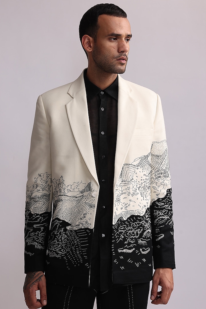 Black & White Matka Silk Landscape Embroidered Single-Breasted Blazer Jacket by Countrymade