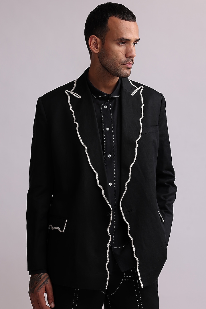 Black Linen Crochet Single-Breasted Blazer Jacket by Countrymade