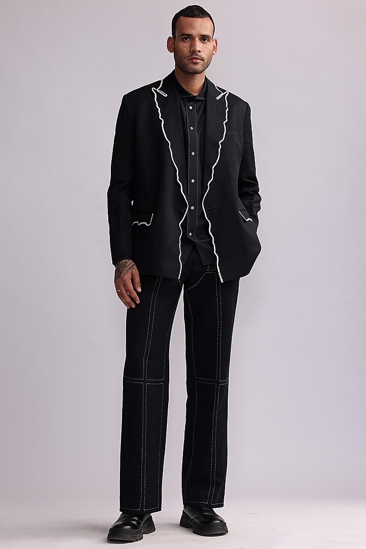 Black Linen Crochet Single-Breasted Blazer Jacket by Countrymade at Pernia's Pop Up Shop