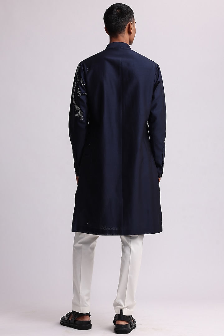 Navy Blue Chanderi Embroidered Kurta Set by Countrymade at Pernia's Pop Up Shop