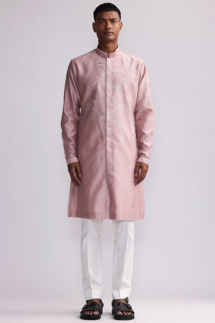 Old Rose Pink Chanderi Embroidered Kurta Set by Countrymade