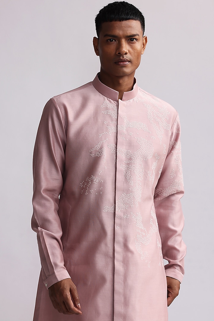 Old Rose Pink Chanderi Embroidered Kurta Set by Countrymade at Pernia's Pop Up Shop