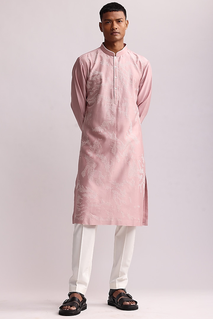 Old Rose Pink Chanderi Hand Embroidered Kurta Set by Countrymade