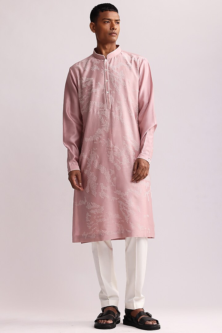 Old Rose Pink Chanderi Hand Embroidered Kurta Set by Countrymade at Pernia's Pop Up Shop