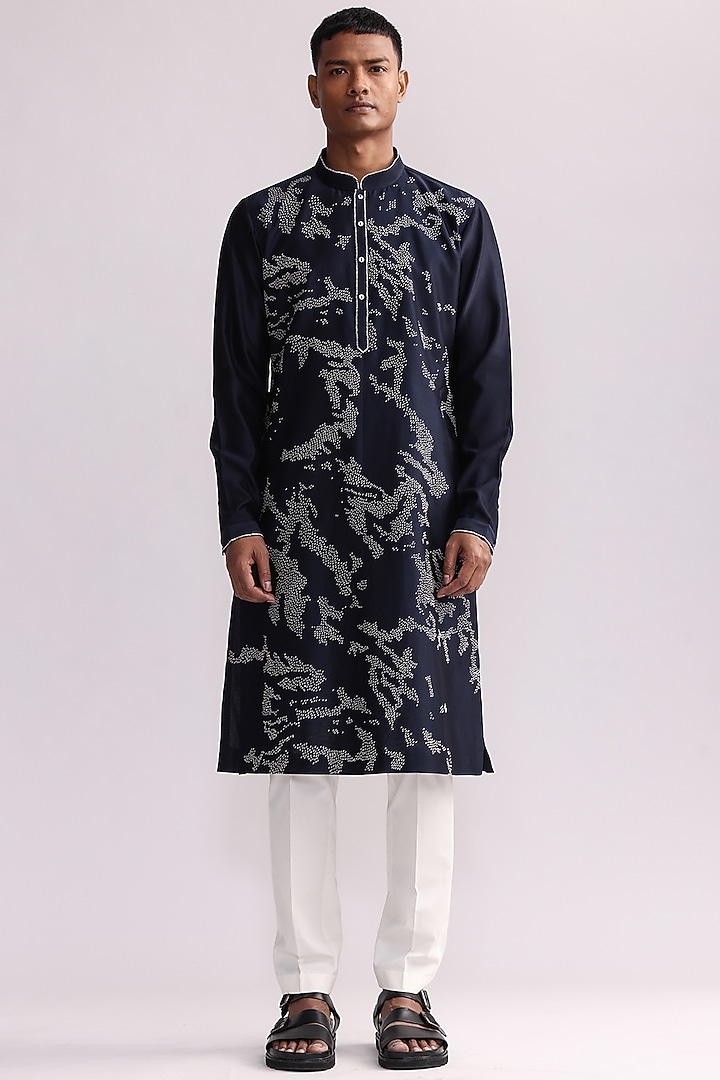 Navy Blue Chanderi Hand Embroidered Kurta Set by Countrymade at Pernia's Pop Up Shop