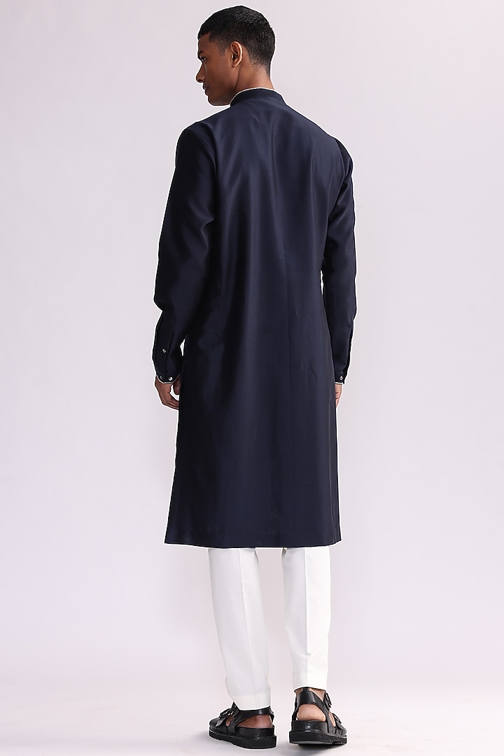 Navy Blue Chanderi Hand Embroidered Kurta Set by Countrymade at Pernia's Pop Up Shop
