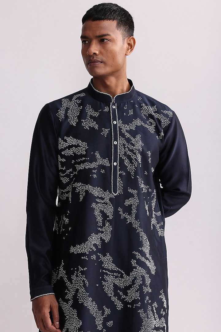 Navy Blue Chanderi Hand Embroidered Kurta Set by Countrymade at Pernia's Pop Up Shop