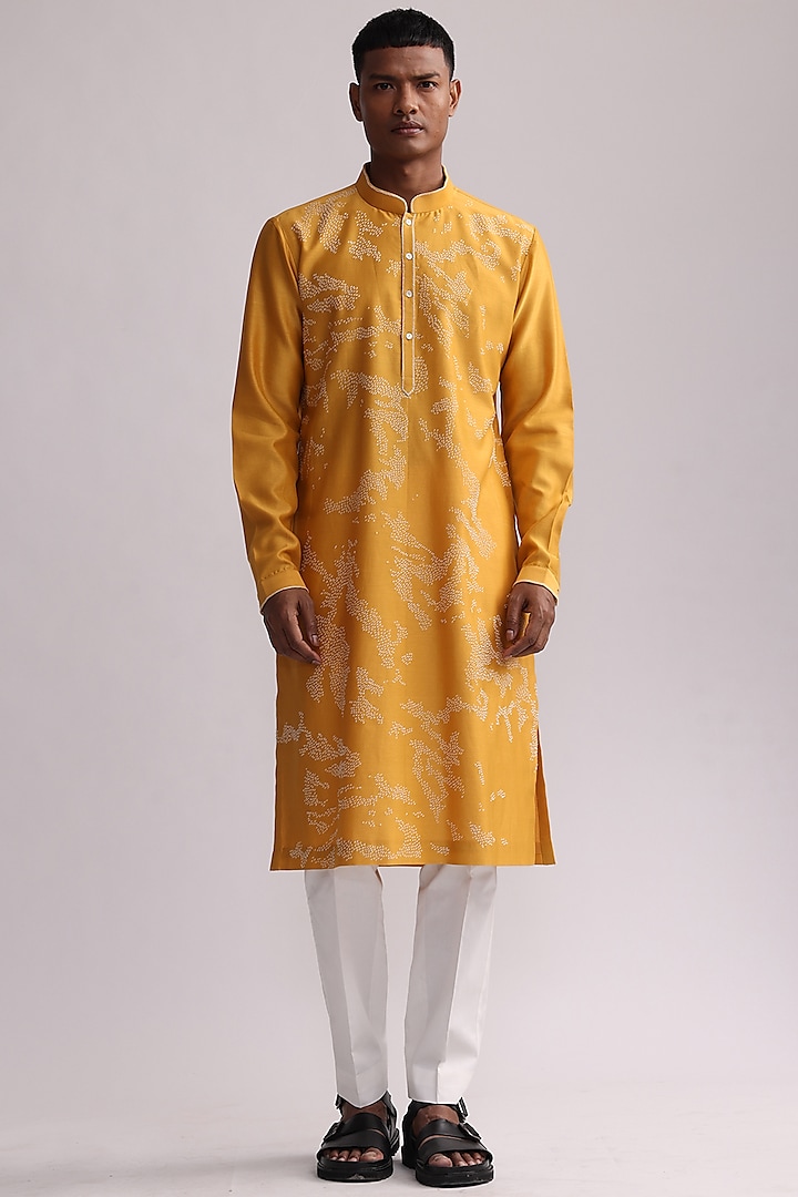 Mustard Chanderi Hand Embroidered Kurta Set by Countrymade