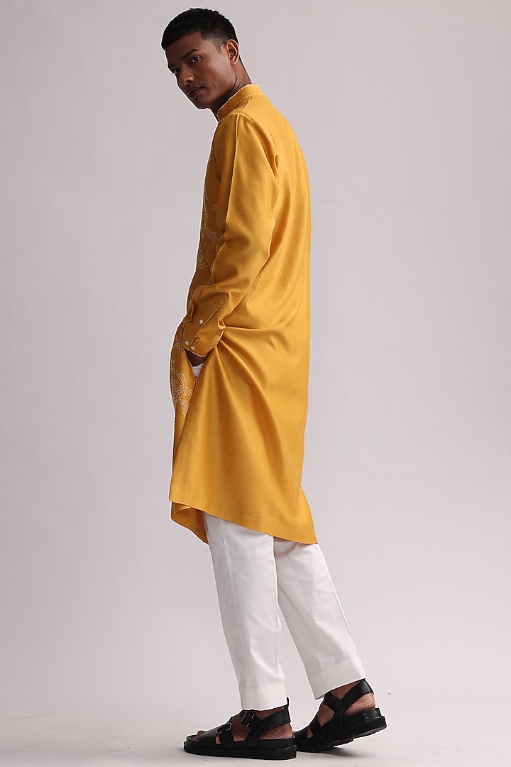 Mustard Chanderi Hand Embroidered Kurta Set by Countrymade at Pernia's Pop Up Shop