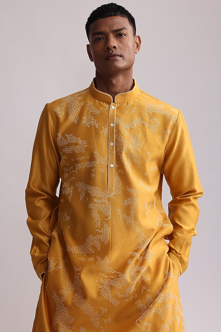 Mustard Chanderi Hand Embroidered Kurta Set by Countrymade at Pernia's Pop Up Shop