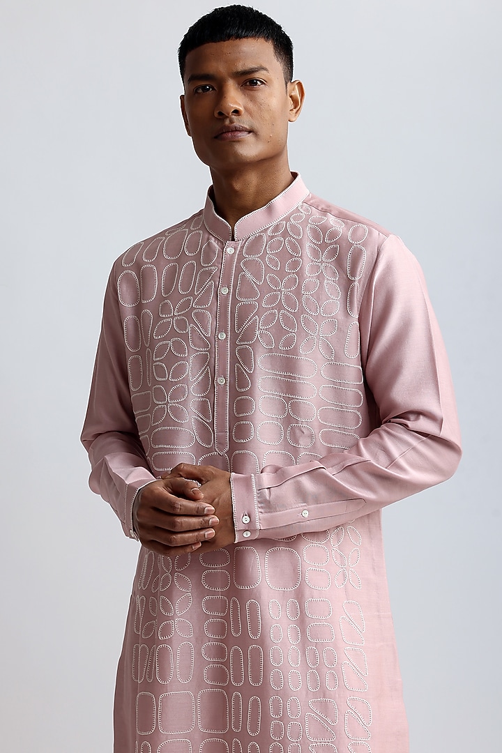 Old Rose Pink Chanderi Embroidered Kurta Set by Countrymade at Pernia's Pop Up Shop