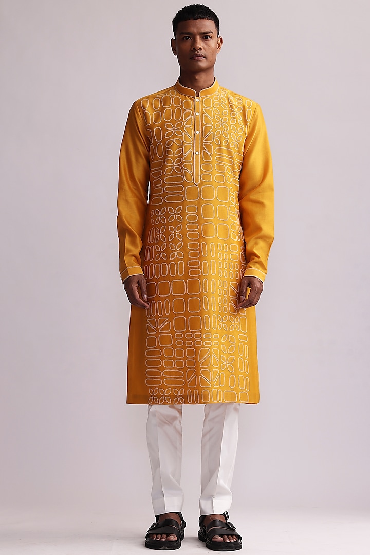 Mustard Chanderi Embroidered Kurta Set by Countrymade