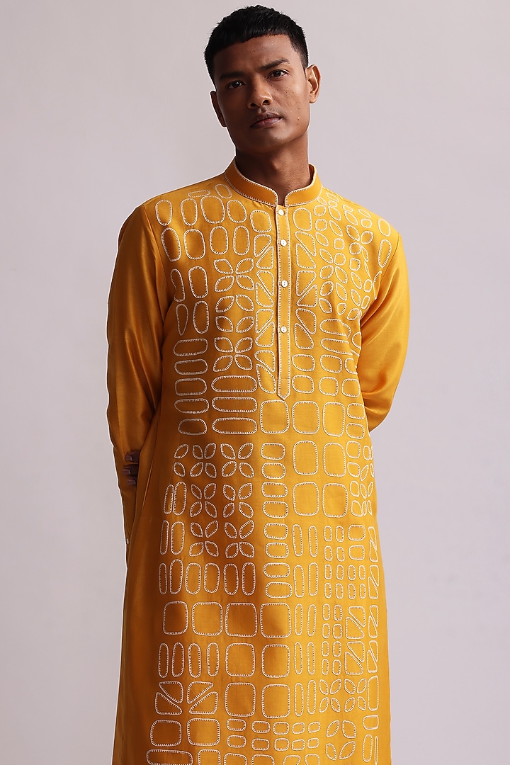 Mustard Chanderi Embroidered Kurta Set by Countrymade at Pernia's Pop Up Shop