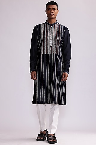 Navy Blue Chanderi Hand Embroidered Kurta Set by Countrymade