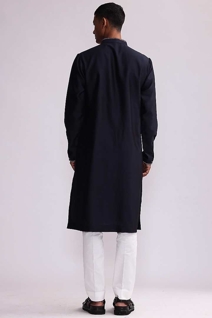 Navy Blue Chanderi Hand Embroidered Kurta Set by Countrymade at Pernia's Pop Up Shop